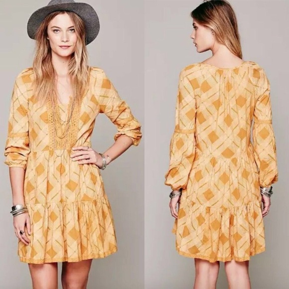 FP Free People Boho Peasant Plaid Constantine Dress Prairie Babydoll Academia - Picture 2 of 16